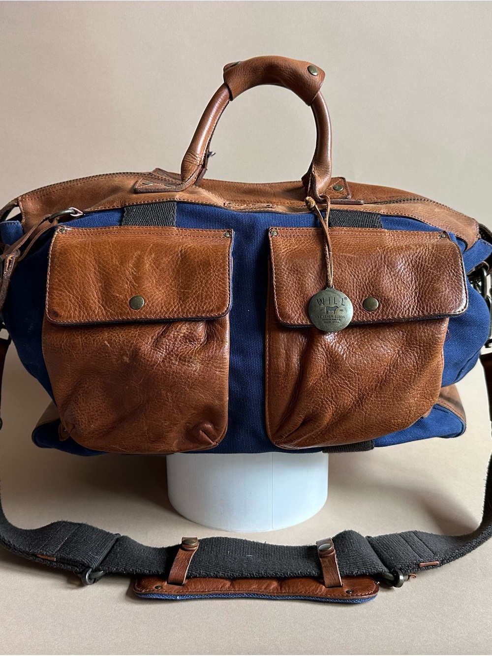 Will Leather Goods Blue Canvas Leather Duffel Bag Shoulder Strap Travel